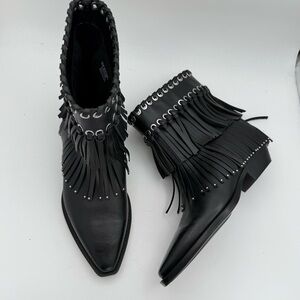 ZARA women’s Fringe Cowboy studded genuine leather Ankle Boots pull on Bootie 8